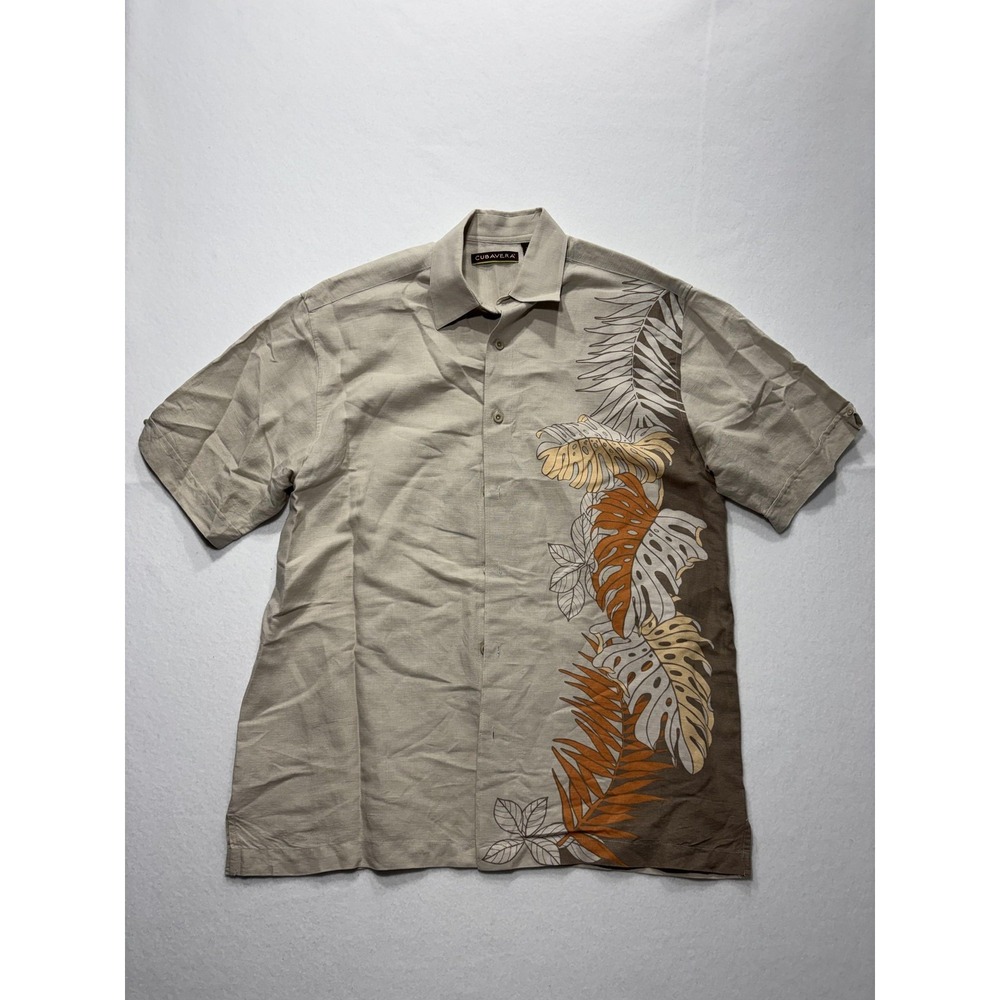 Cubavera Shirt Mens XL Beige Tropical Linen Short Sleeve Button Up Hawaiian